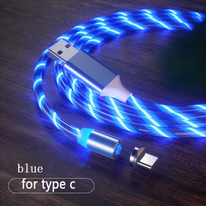 1m Magnetic charging Mobile Phone Cable USB Type C Flow Luminous Lighting Data Wire for Samsung Huawei LED Micro Kable