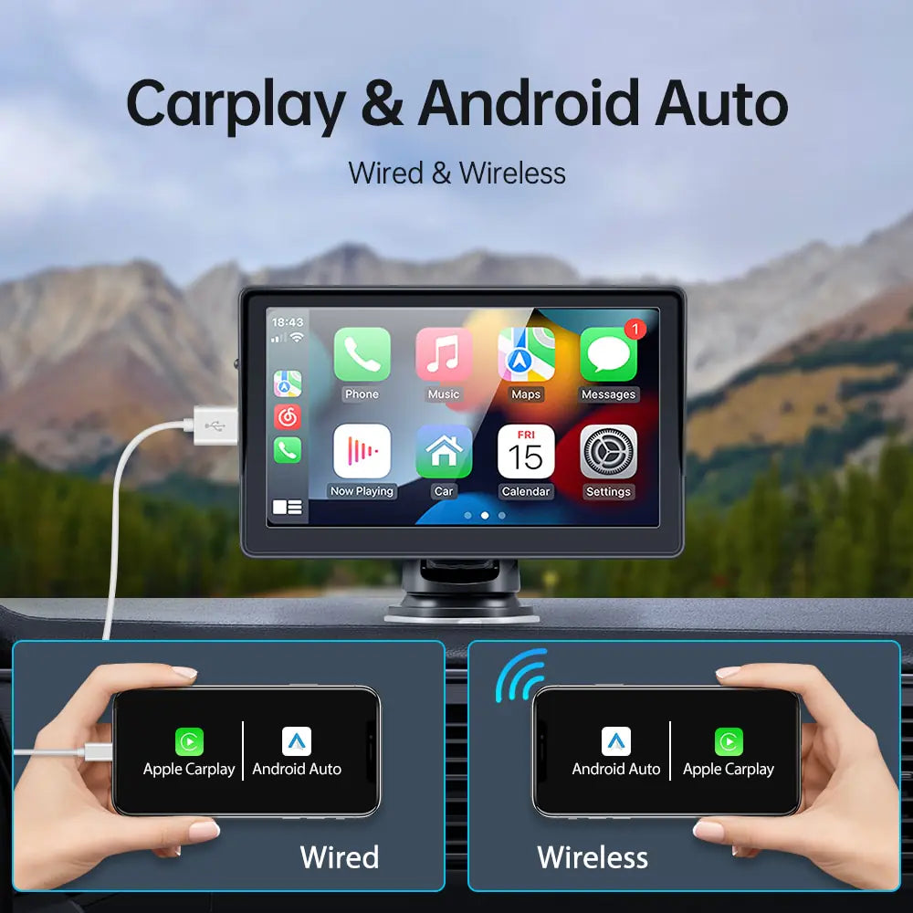 Universal 7-Inch Car Radio Multimedia Video Player with Portable Wireless Apple CarPlay and Android Auto